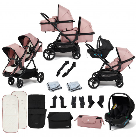 Puggle Memphis 2-in-1 Duo i-Size Double Travel System with Footmuff & Changing Bag - Dusk Pink