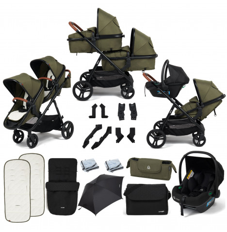 Puggle Memphis 2-in-1 Duo i-Size Double Travel System with Footmuff, Changing Bag & Parasol - Forest Green