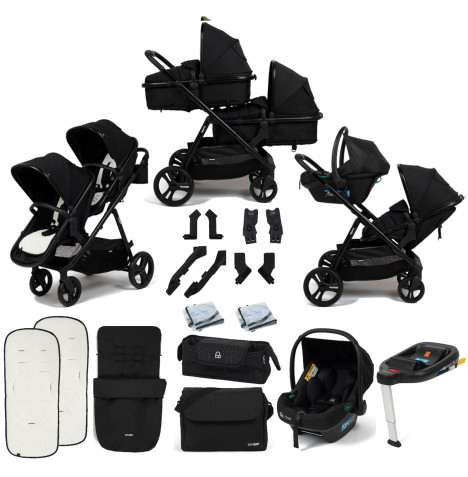 Puggle Memphis 2-in-1 Duo i-Size Double Travel System with Footmuff, Changing Bag & i-Size Car Seat - Midnight Black