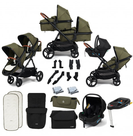 Puggle Memphis 2-in-1 Duo i-Size Double Travel System with Footmuff, Changing Bag & i-Size Car Seat - Forest Green
