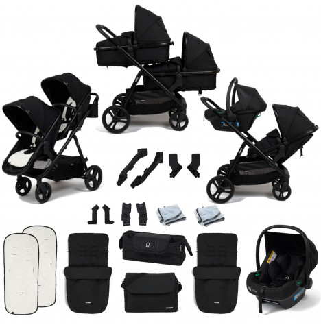 Puggle Memphis 2-in-1 Duo i-Size Double Travel System with 2 Footmuffs & Changing Bag - Midnight Black
