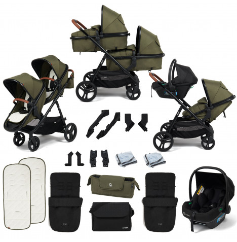Puggle Memphis 2-in-1 Duo i-Size Double Travel System with 2 Footmuffs & Changing Bag - Forest Green