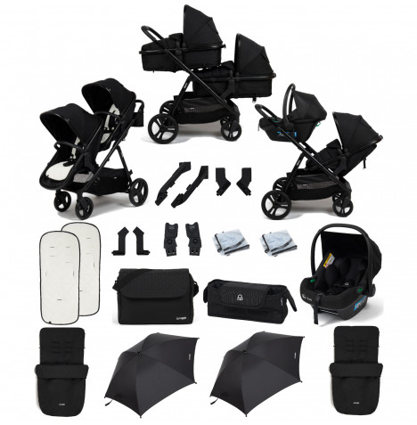 Puggle Memphis 2-in-1 Duo i-Size Double Travel System with 2 Footmuffs, Changing Bag & 2 Parasols - Midnight Black