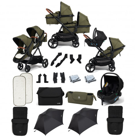 Puggle Memphis 2-in-1 Duo i-Size Double Travel System with 2 Footmuffs, Changing Bag & 2 Parasols - Forest Green