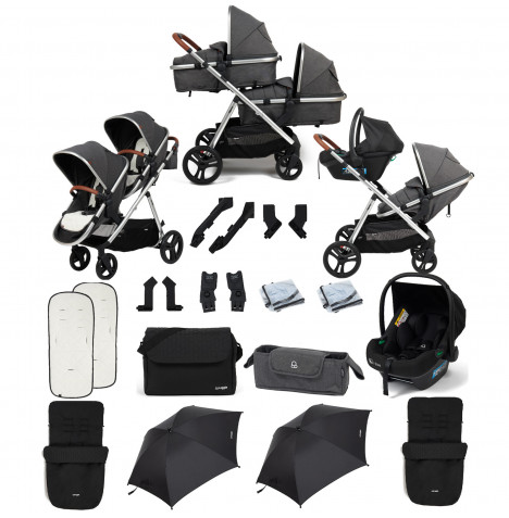 Puggle Memphis 2-in-1 Duo i-Size Double Travel System with 2 Footmuffs, Changing Bag & 2 Parasols - Platinum Grey