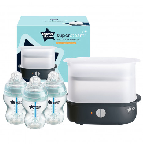 Tommee Tippee Super-Steam Advanced Electric Steriliser with 3 Anti-Colic Bottles - Black