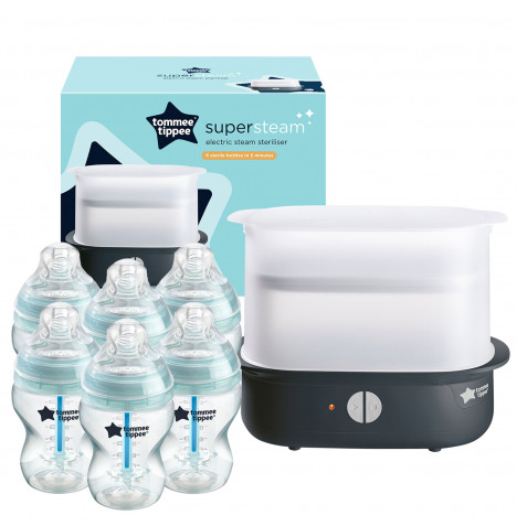 Tommee Tippee Super-Steam Advanced Electric Steriliser with 6 Anti-Colic Bottles - Black