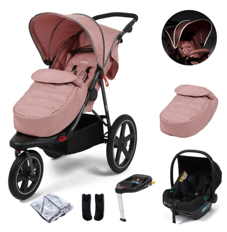 Puggle Urban Terrain Sprint GT Travel System, Adapters, Safe Fit i-Size Car Seat & ISOFIX Base - Dusk Pink