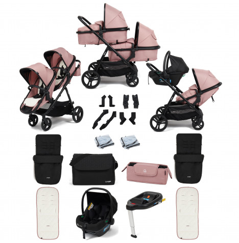 Puggle Memphis 2-in-1 Duo i-Size Double Travel System with 2 Footmuffs, Changing Bag & Car Seat - Dusk Pink