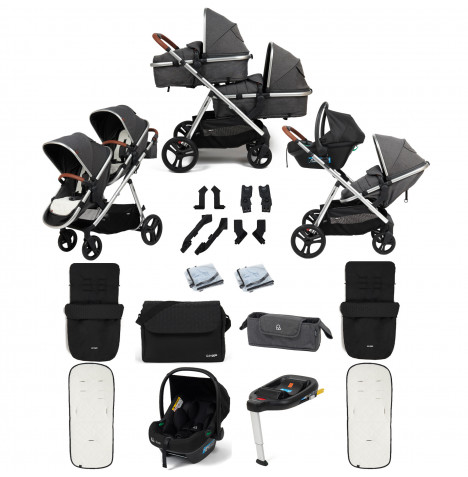 Puggle Memphis 2-in-1 Duo i-Size Double Travel System with 2 Footmuffs, Changing Bag & Car Seat - Platinum Grey