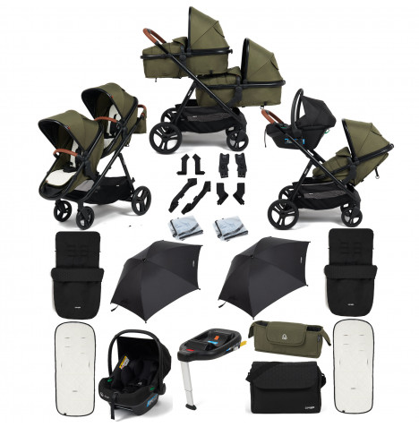Puggle Memphis 2-in-1 Duo i-Size Double Travel System with 2 Footmuffs, Changing Bag, 2 Parasols & i-Size Car Seat with Base - Forest Green