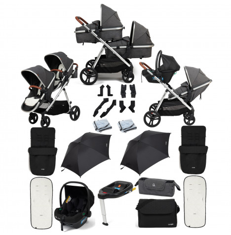 Puggle Memphis 2-in-1 Duo i-Size Double Travel System with 2 Footmuffs, Changing Bag, 2 Parasols & i-Size Car Seat with Base - Platinum Grey