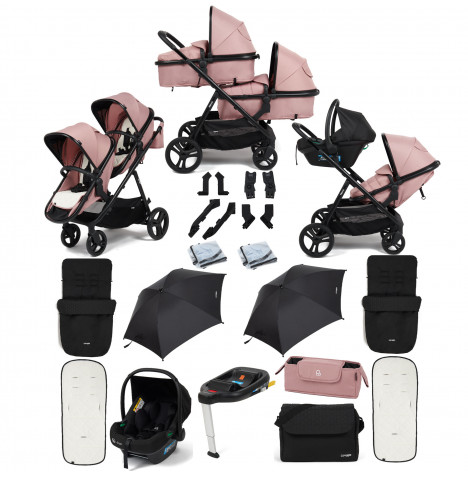 Puggle Memphis 2-in-1 Duo i-Size Double Travel System with 2 Footmuffs, Changing Bag, 2 Parasols & i-Size Car Seat with Base - Dusk Pink
