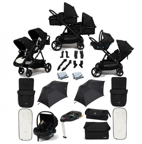 Puggle Memphis 2-in-1 Duo i-Size Double Travel System with 2 Footmuffs, Changing Bag, 2 Parasols & i-Size Car Seat with Base - Midnight Black