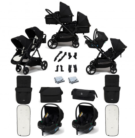 Puggle Memphis 2-in-1 Duo i-Size Double Travel System with 2 Memphis i-Size Car Seats, 2 Footmuffs & Changing Bag - Midnight Black