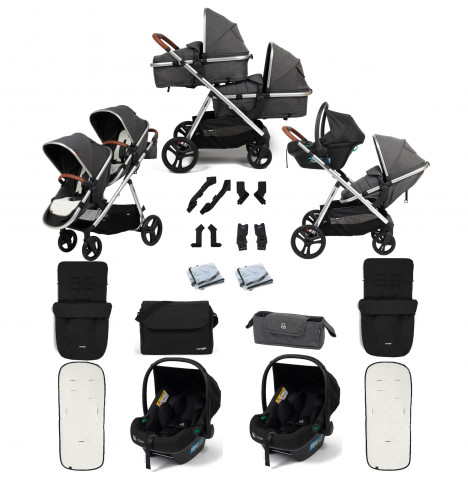 Puggle Memphis 2-in-1 Duo i-Size Double Travel System with 2 Memphis i-Size Car Seats, 2 Footmuffs & Changing Bag - Platinum Grey