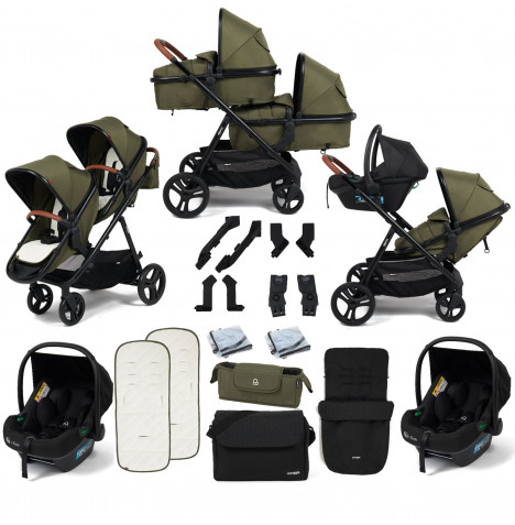 Puggle Memphis 2-in-1 Duo i-Size Double Travel System with 2 Memphis i-Size Car Seats, Footmuff & Bag - Forest Green