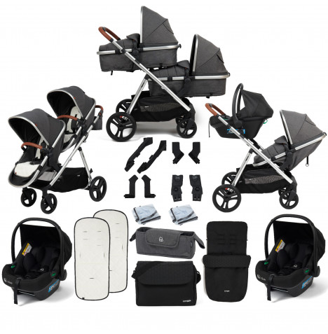 Puggle Memphis 2-in-1 Duo i-Size Double Travel System with 2 Memphis i-Size Car Seats, Footmuff & Bag - Platinum Grey