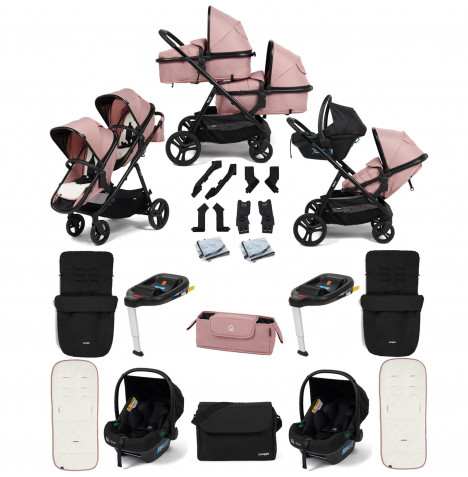 Puggle Memphis 2-in-1 Duo Double Travel System with 2 i-Size Car Seats, 2 ISOFIX Bases, 2 Footmuffs and Changing Bag - Dusk Pink