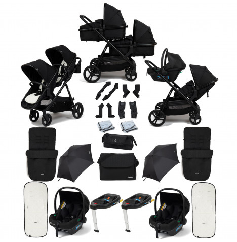 Puggle Memphis 2-in-1 Duo Double Travel System with 2 i-Size Car Seats, 2 ISOFIX Bases, 2 Footmuffs, 2 Parasols, and Changing Bag - Midnight Black