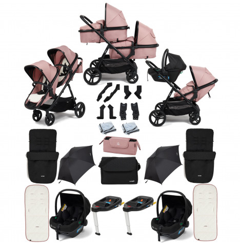 Puggle Memphis 2-in-1 Duo Double Travel System with 2 i-Size Car Seats, 2 ISOFIX Bases, 2 Footmuffs, 2 Parasols, and Changing Bag - Dusk Pink