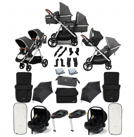 Puggle Memphis 2-in-1 Duo Double Travel System with 2 i-Size Car Seats, 2 ISOFIX Bases, 2 Footmuffs, 2 Parasols, and Changing Bag - Platinum Grey
