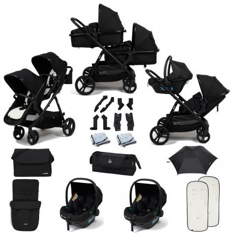 Puggle Memphis 2-in-1 Duo i-Size Double Travel System with 2 i-Size Car Seats, Footmuff, Changing Bag & Parasol - Midnight Black
