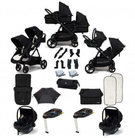 Puggle Memphis 2-in-1 Duo Double Travel System with 2 i-Size Car Seats, 2 ISOFIX Bases, Footmuff, Parasol, and Changing Bag - Midnight Black