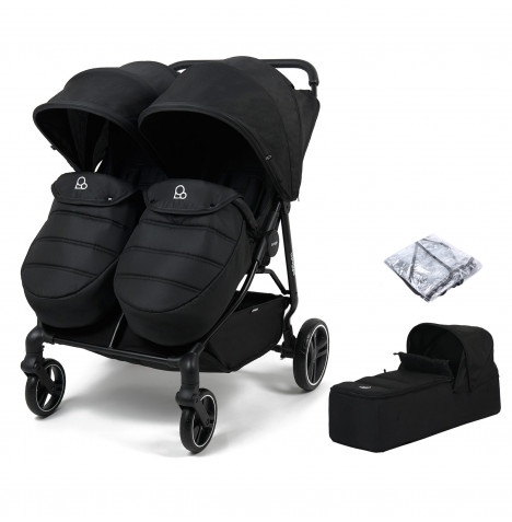 Puggle Urban City Easyfold Twin Double Pushchair With Footmuff & Carrycot - Storm Black