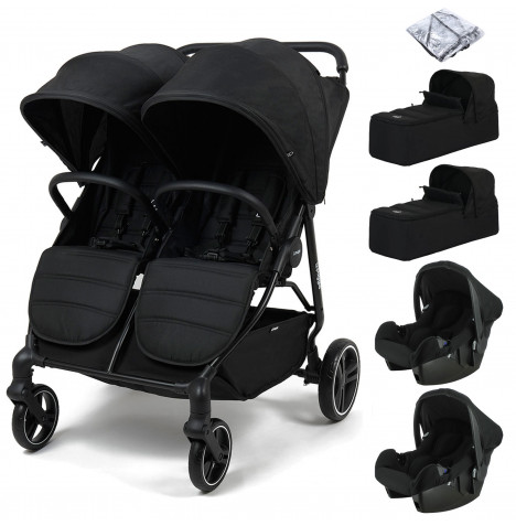 Puggle Urban City Easyfold Twin Travel System Bundle with 2 Beone Car Seats & 2 Soft Carrycots - Storm Black
