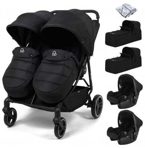 Puggle Urban City Slimline Easyfold Twin Travel System Bundle with 2 Beone Car Seats & 2 Soft Carrycots - Storm Black