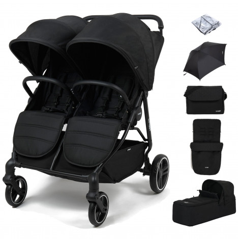 Puggle Urban City Easyfold Twin Pushchair with Carrycot, Footmuff, Parasol & Changing Bag – Storm Black