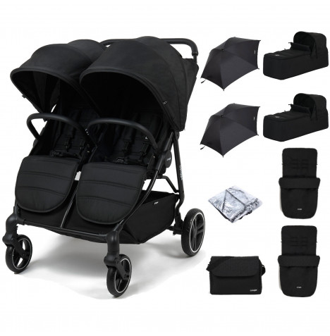 Puggle Urban City Easyfold Twin Pushchair with 2 Carrycots, 2 Footmuffs, 2 Parasols & Changing Bag – Storm Black