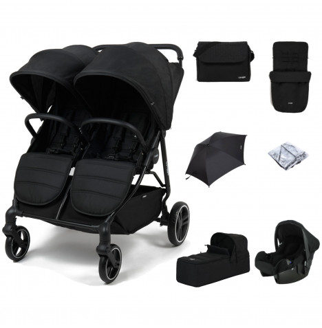 Puggle Urban City Easyfold Twin Pushchair with Beone Car Seat, Carrycot, Footmuff, Parasol & Changing Bag – Storm Black