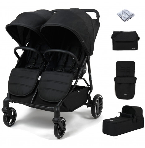 Puggle Urban City Easyfold Twin Pushchair with Carrycot, Footmuff, & Changing Bag – Storm Black