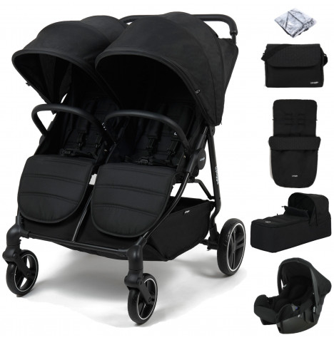 Puggle Urban City Easyfold Twin Pushchair with Beone Car Seat, Carrycot, Footmuffs & Changing Bag – Storm Black