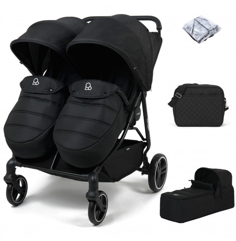 Puggle Urban City Easyfold Twin Pushchair with Footmuff, Carrycot & Changing Bag - Storm Black