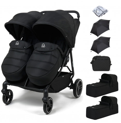 Puggle Urban City Easyfold Twin Pushchair with Footmuff, 2 Carrycots, 2 Parasols & Changing Bag - Storm Black