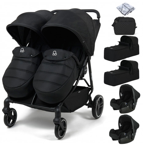Puggle Urban City Easyfold Twin Pushchair with Footmuffs, 2 Beone Car Seats, 2 Soft Carrycots & Changing Bag - Storm Black
