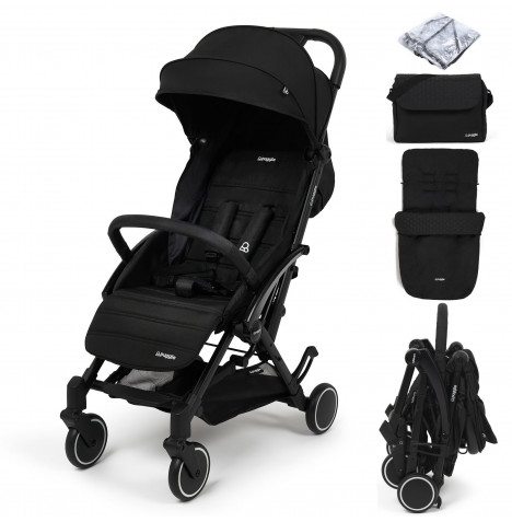Puggle Seattle Fold & Go Compact Pushchair & Raincover With Honeycomb Footmuff & Changing Bag - Midnight Black