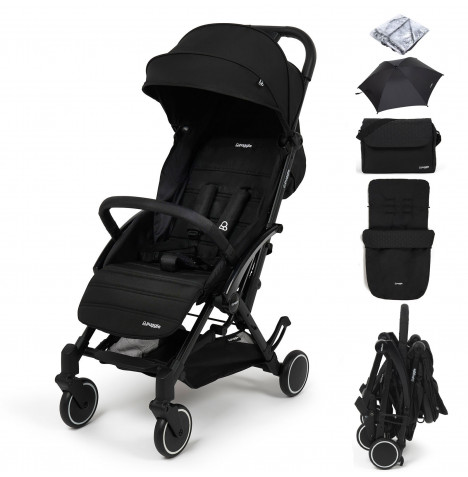 Puggle Seattle Fold & Go Compact Pushchair & Raincover With Honeycomb Footmuff, Changing Bag & Parasol - Midnight Black