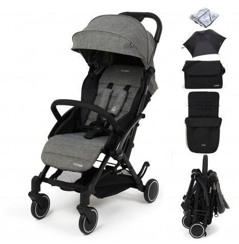 Puggle Seattle Fold & Go Compact Pushchair & Raincover With Honeycomb Footmuff, Changing Bag & Parasol - Graphite Grey