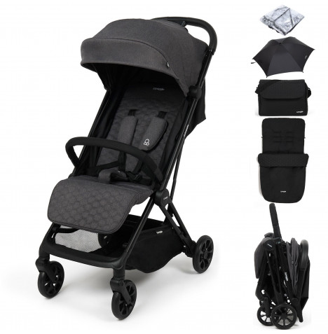 Puggle Escape Auto Quickfold Compact Pushchair With Raincover, Honeycomb Footmuff, Changing Bag & Parasol - Platinum Grey