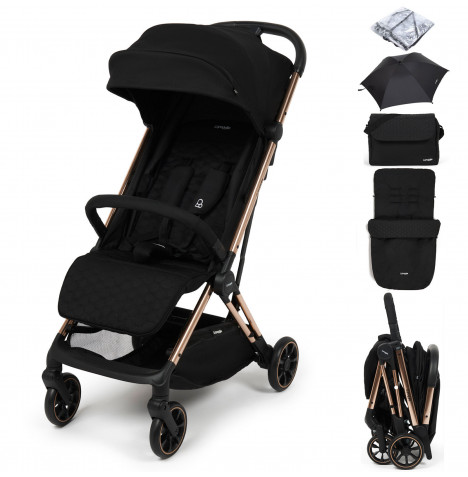 Puggle Escape Auto Quickfold Luxe Special Edition Compact Pushchair With Raincover, Honeycomb Footmuff, Changing Bag & Parasol - Midnight Black