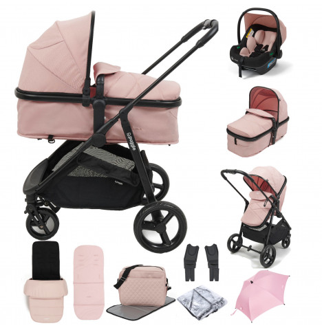 Puggle Monaco XT 2in1 i-Size Pram Pushchair Travel System with Footmuff, Changing Bag & Parasol - Blush Pink