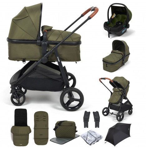 Puggle Monaco XT 2in1 i-Size Pram Pushchair Travel System with Footmuff, Changing Bag & Parasol - Forest Green