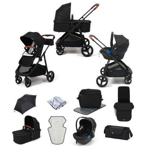Puggle Monaco XT 3in1 Travel System with Organiser, Parasol, Footmuff & Changing Bag - Storm Black