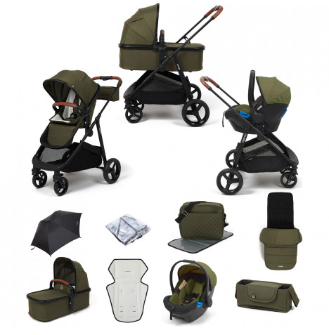 Puggle Monaco XT 3in1 Travel System with Organiser, Parasol, Footmuff & Changing Bag - Forest Green