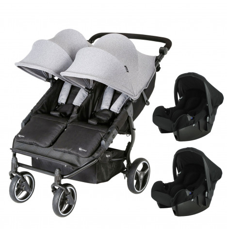 My Child Easy Twin 3.0 Slimline Double Stroller (65cm) with 2 Beone Infant Carrier Car Seats - Grey