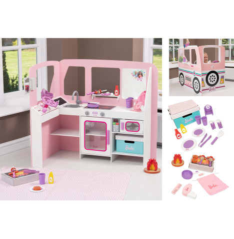 Barbie Deluxe Wooden Campervan & Kitchen with Accessories, Lights & Sounds - Pink (3 Years+)